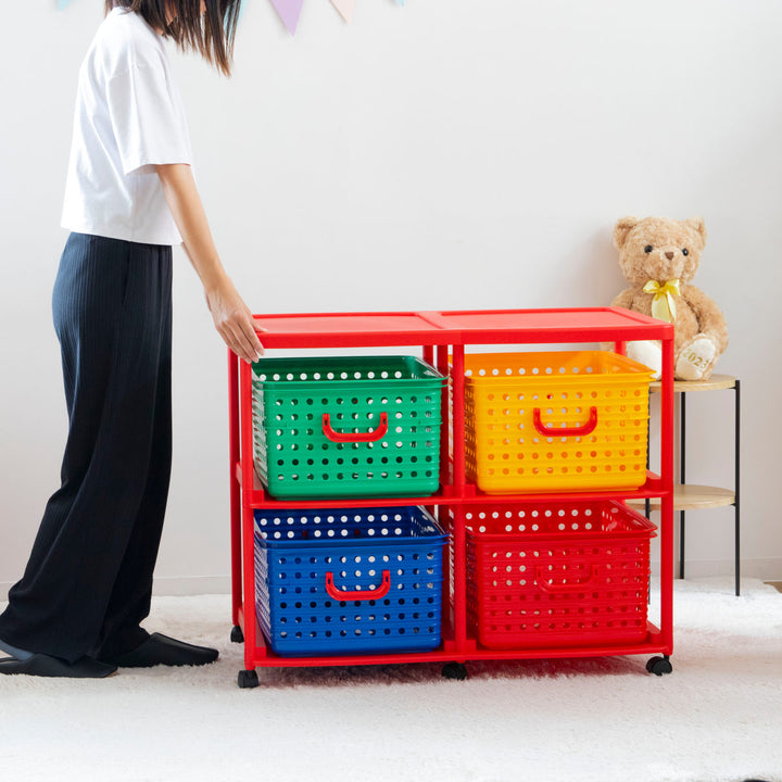 おもちゃ箱幅87cmバスケットラック2段キャスター付きバスケット4個付き
