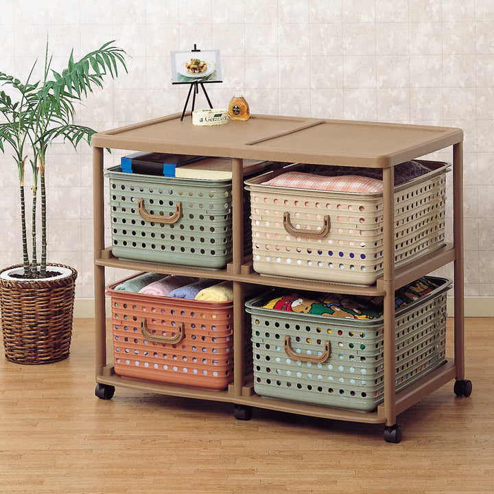 おもちゃ箱幅87cmバスケットラック2段キャスター付きバスケット4個付き