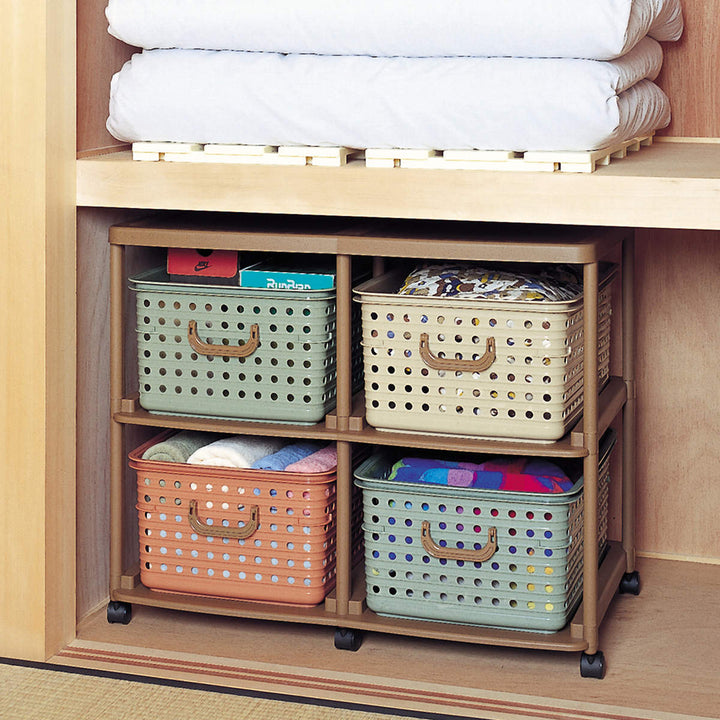 おもちゃ箱幅87cmバスケットラック2段キャスター付きバスケット4個付き