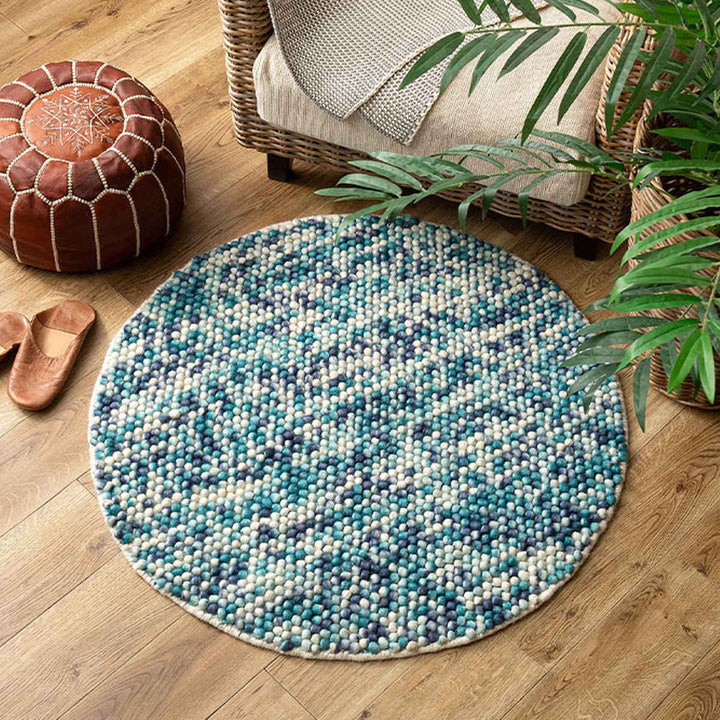フロアマット直径90cmポコポコマルチカラーの手織りマット円形ウール100％