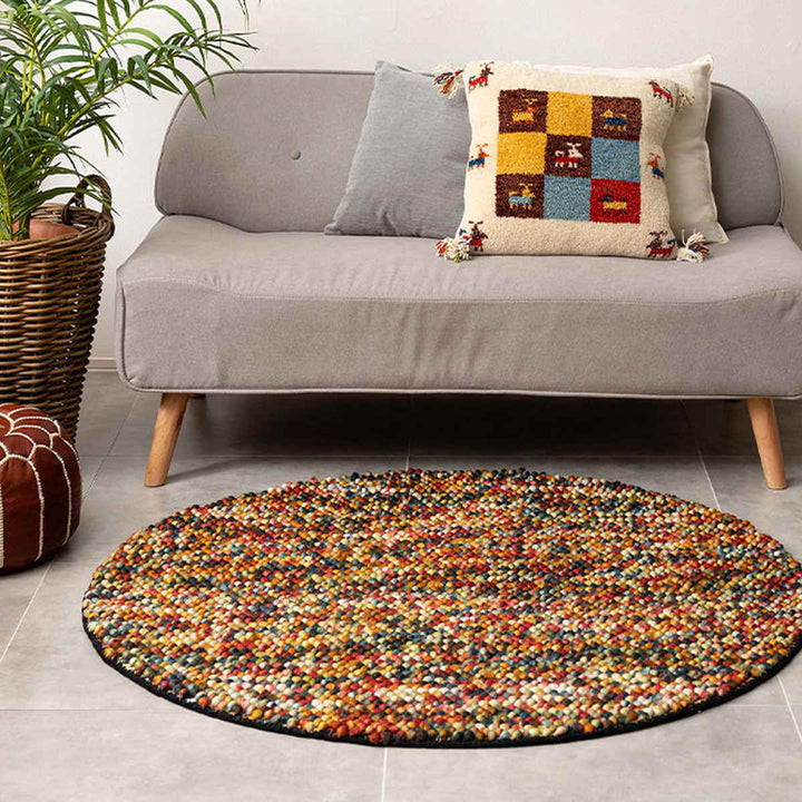 フロアマット直径120cmポコポコマルチカラーの手織りマット円形ウール100％