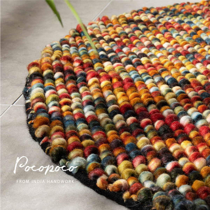フロアマット直径120cmポコポコマルチカラーの手織りマット円形ウール100％