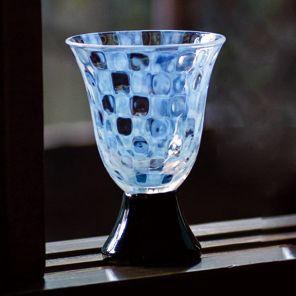 廣田硝子杯台付き酒杯市松水玉十草