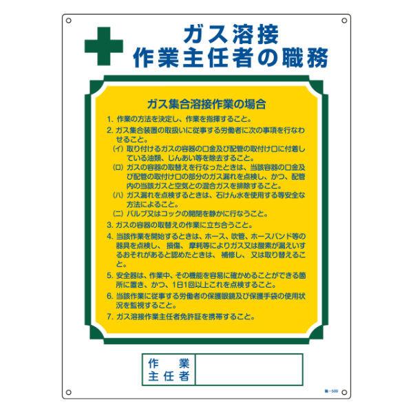 職務標識板 作業主任者用 「ガス溶接作業主任者の職務 （ ガス集合溶接 ） 」 60×45cm 両面テープ6枚付