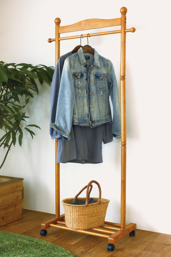 ハンガーラック幅73.5cm木製キャスター付棚付き