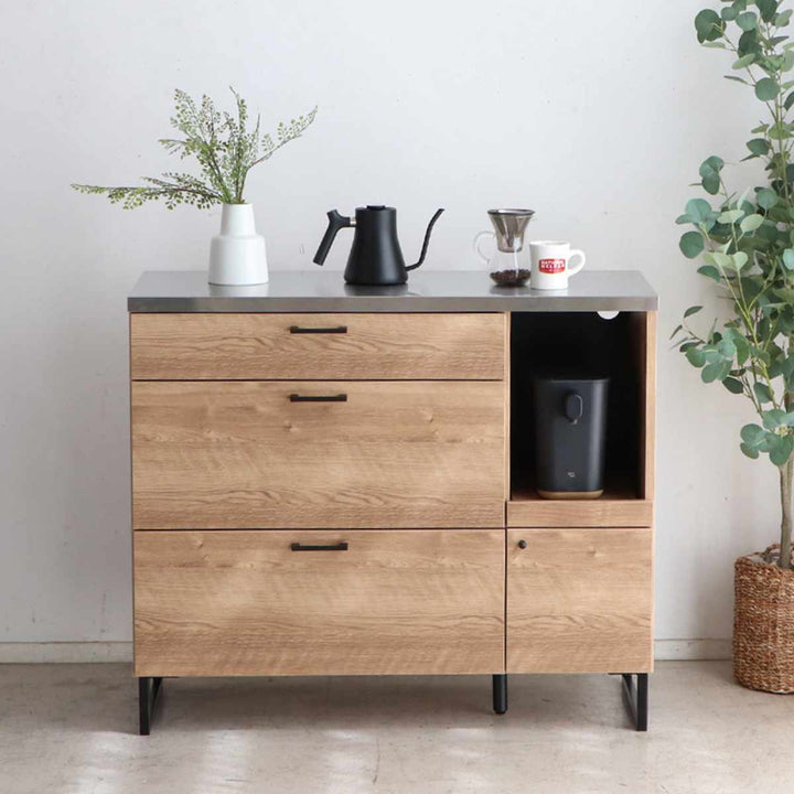 キッチンカウンター幅104.7cmステンレス天板木目調日本製完成品