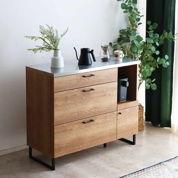 キッチンカウンター幅104.7cmステンレス天板木目調日本製完成品