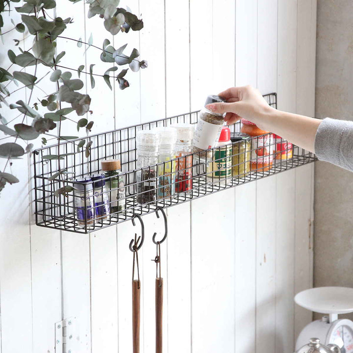 かごジョセフアイアンロングワイヤーバスケット壁掛け幅80×奥行12×高さ14cm