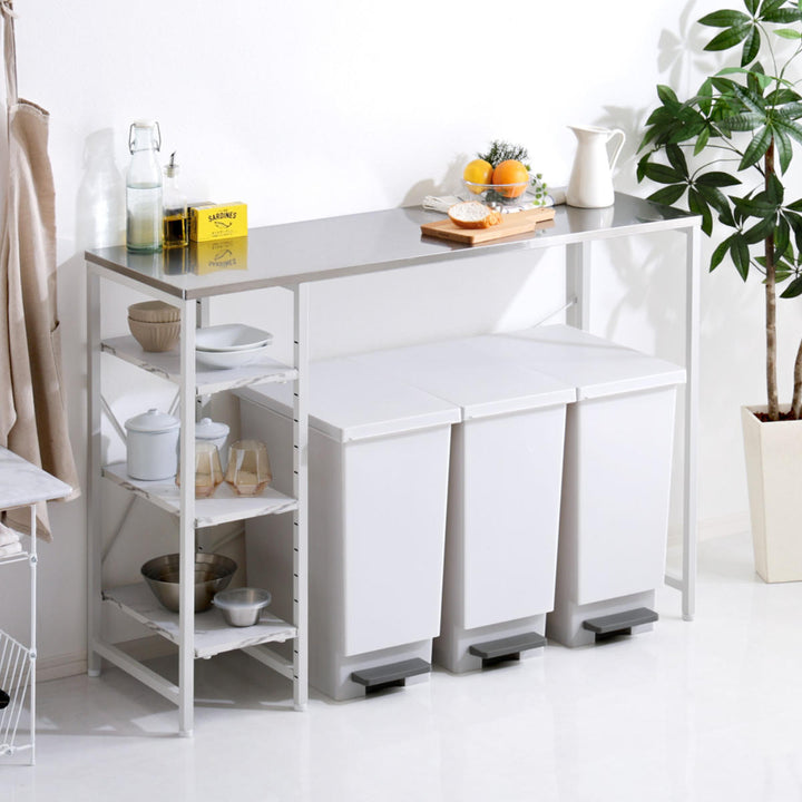 キッチンカウンター幅118cmステンレス天板大理石調可動棚ゴミ上ラック