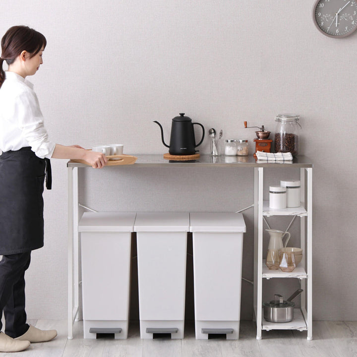 キッチンカウンター幅118cmステンレス天板大理石調可動棚ゴミ上ラック