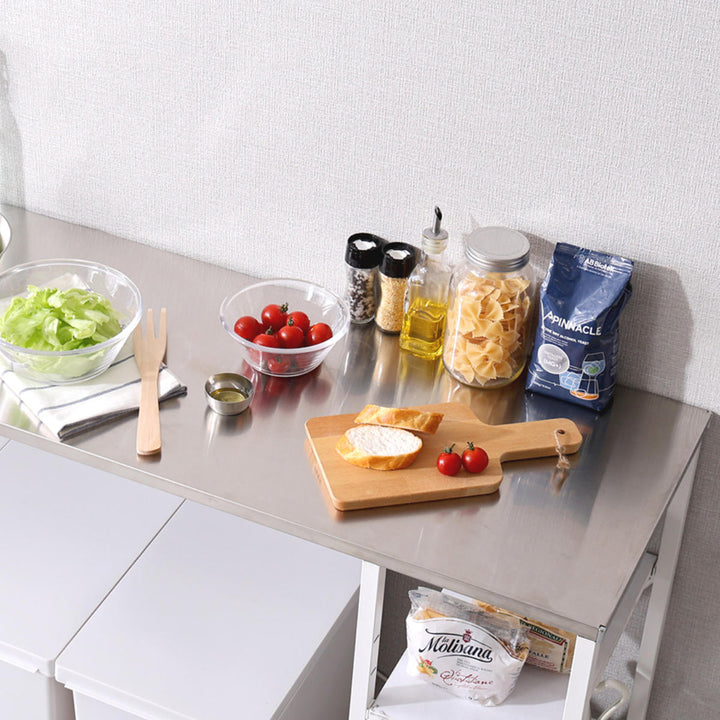 キッチンカウンター幅118cmステンレス天板大理石調可動棚ゴミ上ラック