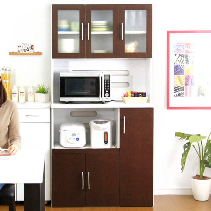 食器棚幅90cm2口コンセント付きスライド棚可動棚収納ツートーン