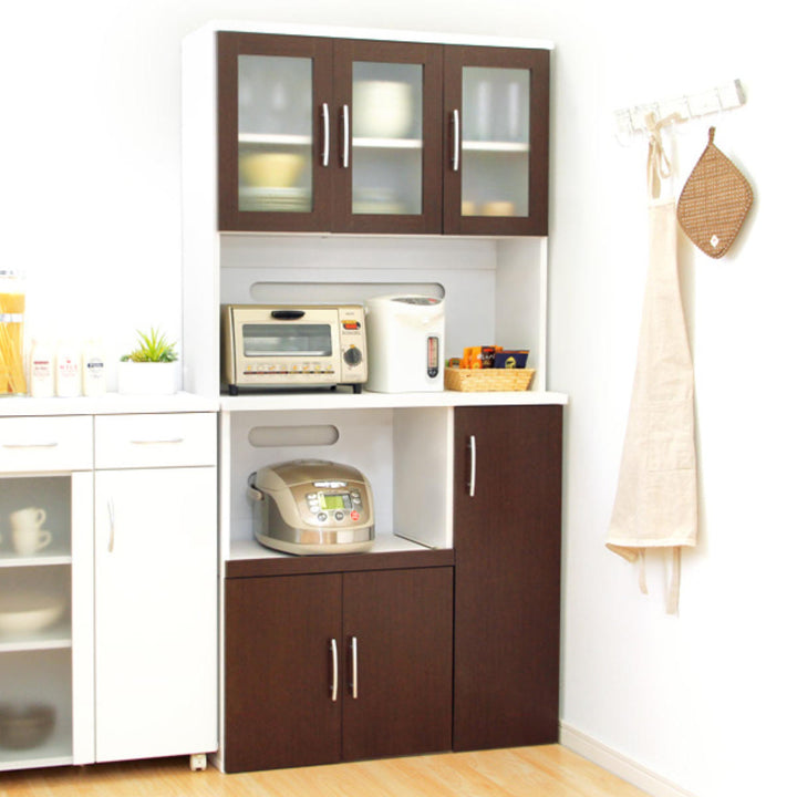 食器棚幅90cm2口コンセント付きスライド棚可動棚収納ツートーン