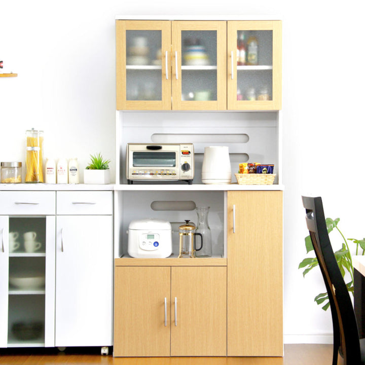 食器棚幅90cm2口コンセント付きスライド棚可動棚収納ツートーン