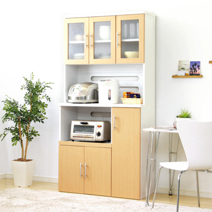 食器棚幅90cm2口コンセント付きスライド棚可動棚収納ツートーン