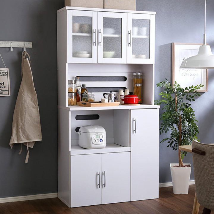 食器棚幅90cm2口コンセント付きスライド棚可動棚収納ツートーン