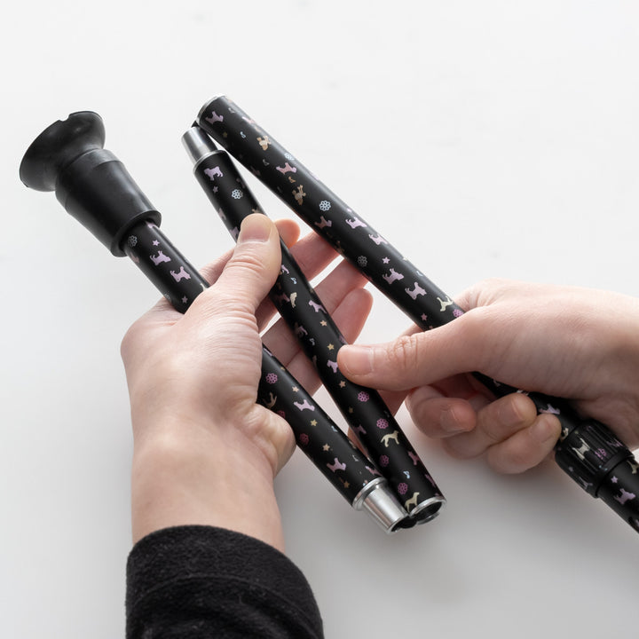 杖折りたたみ犬柄ステッキブラックアルミ製