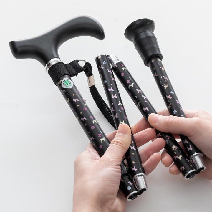 杖折りたたみ犬柄ステッキブラックアルミ製