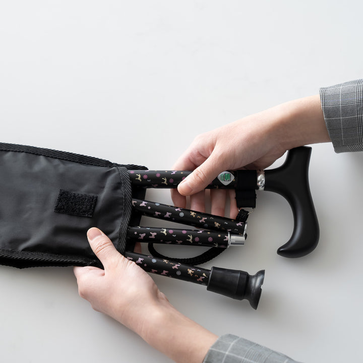 杖折りたたみ犬柄ステッキブラックアルミ製