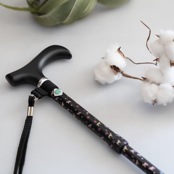 杖折りたたみ犬柄ステッキブラックアルミ製