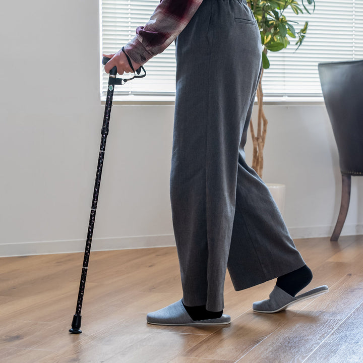 杖折りたたみ犬柄ステッキブラックアルミ製