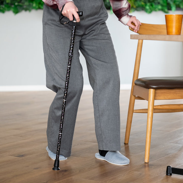 杖折りたたみ犬柄ステッキブラックアルミ製