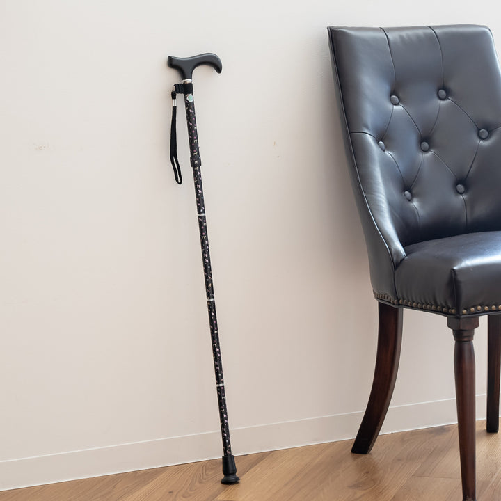 杖折りたたみ犬柄ステッキブラックアルミ製