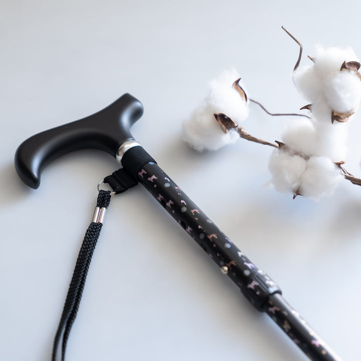 杖折りたたみ犬柄ステッキブラックアルミ製