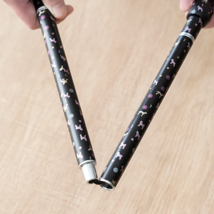 杖折りたたみ犬柄ステッキブラックアルミ製