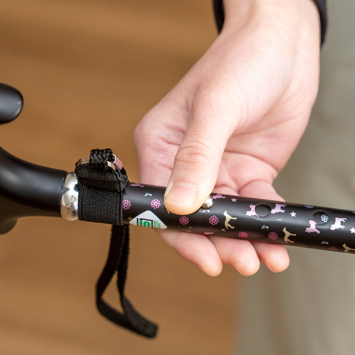 杖折りたたみ犬柄ステッキブラックアルミ製