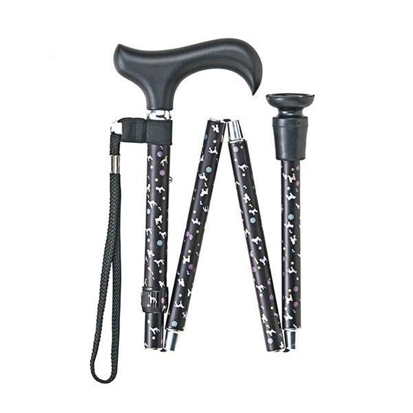 杖折りたたみ犬柄ステッキブラックアルミ製
