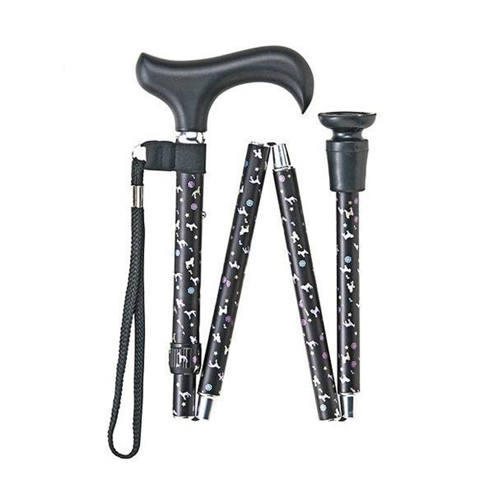 杖折りたたみ犬柄ステッキブラックアルミ製