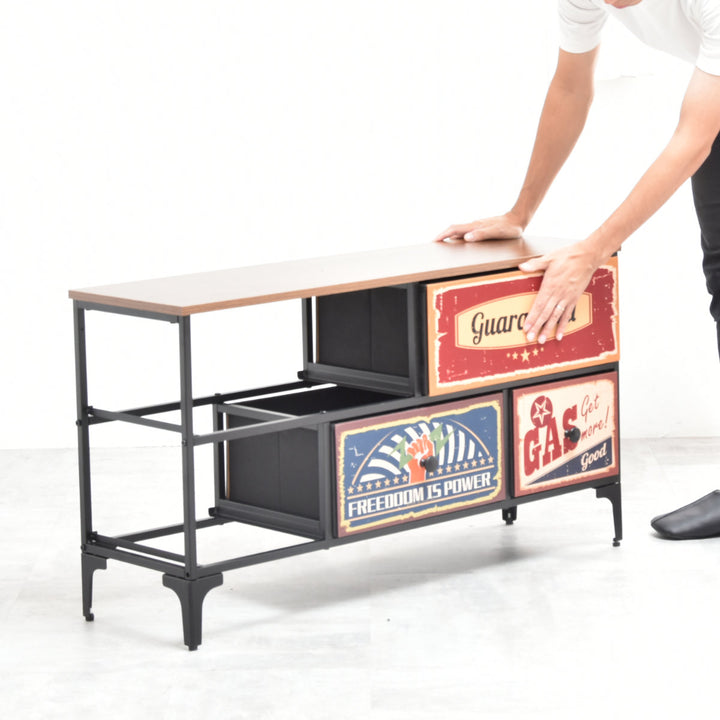 チェスト2段幅102cm木目調リバーシブル天板付き脚付き