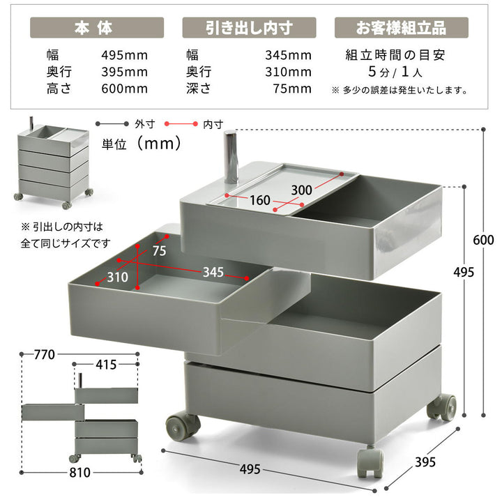 収納ワゴン4段360度回転キャスター付き