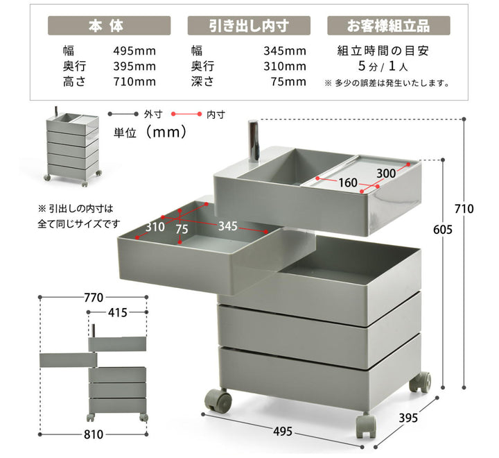 収納ワゴン5段360度回転キャスター付き