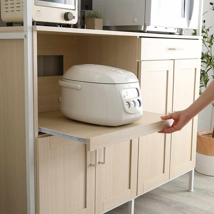 食器棚幅122.6cm木目調2口コンセント付きスライド棚引き出し可動棚