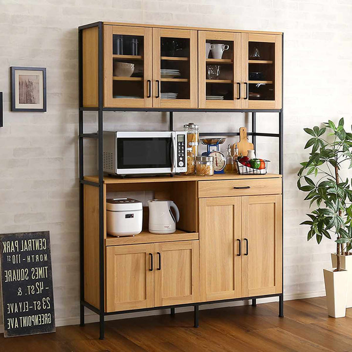 食器棚幅122.6cm木目調2口コンセント付きスライド棚引き出し可動棚