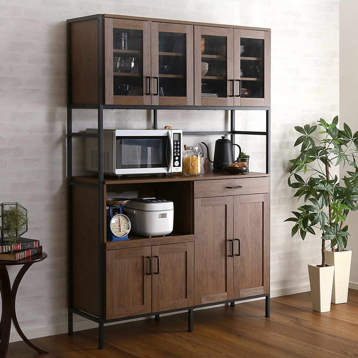 食器棚幅122.6cm木目調2口コンセント付きスライド棚引き出し可動棚