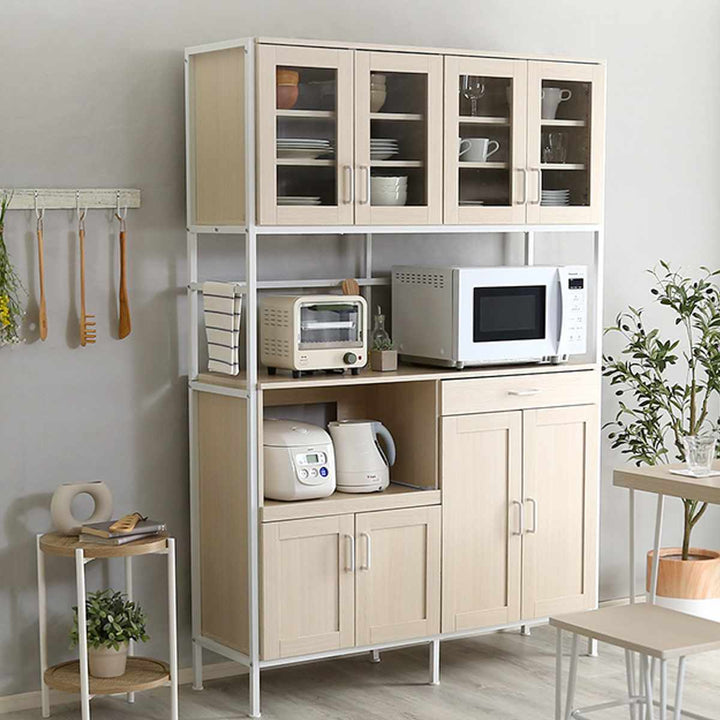 食器棚幅122.6cm木目調2口コンセント付きスライド棚引き出し可動棚