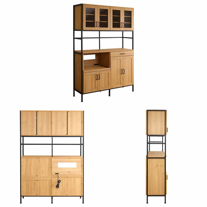 食器棚幅122.6cm木目調2口コンセント付きスライド棚引き出し可動棚