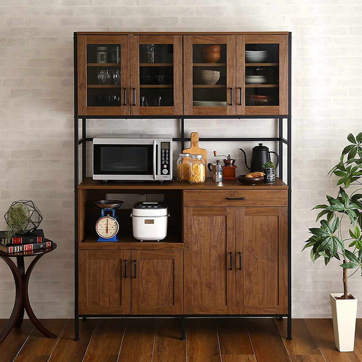 食器棚幅122.6cm木目調2口コンセント付きスライド棚引き出し可動棚