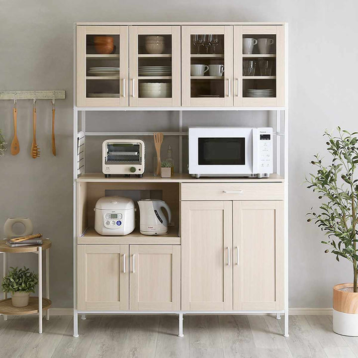 食器棚幅122.6cm木目調2口コンセント付きスライド棚引き出し可動棚