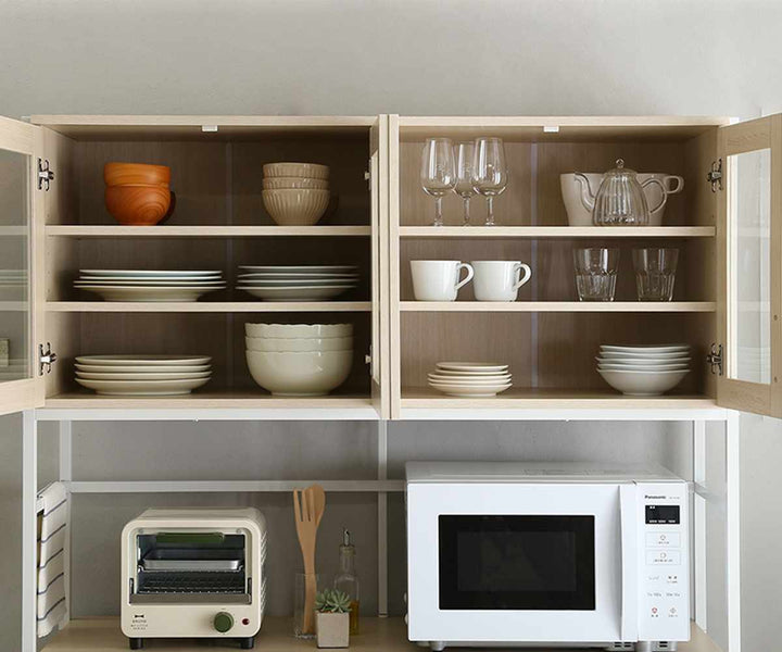 食器棚幅122.6cm木目調2口コンセント付きスライド棚引き出し可動棚