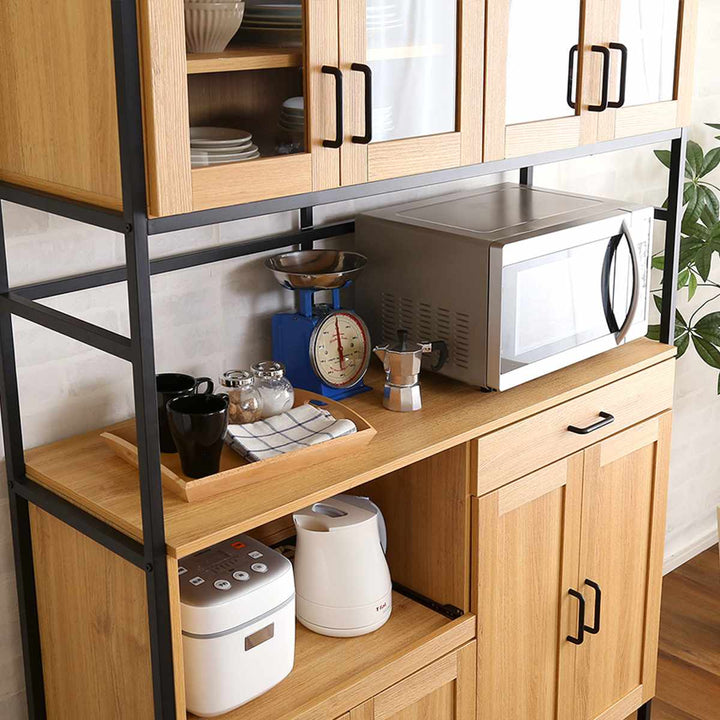 食器棚幅122.6cm木目調2口コンセント付きスライド棚引き出し可動棚