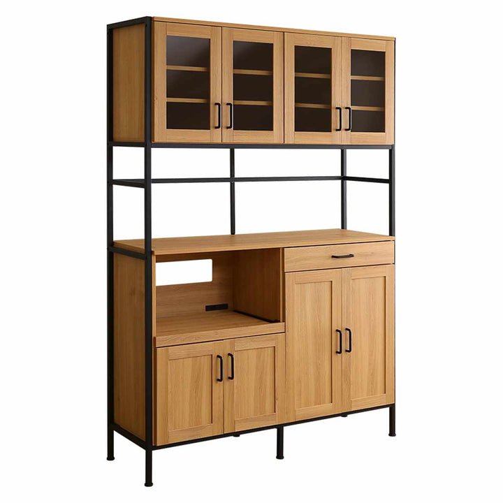 食器棚幅122.6cm木目調2口コンセント付きスライド棚引き出し可動棚