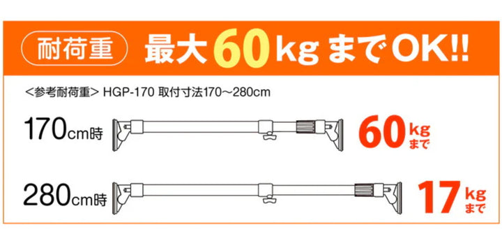 突っ張り棒取付幅：170～280cm特大ハイカム超極太ポール超強力