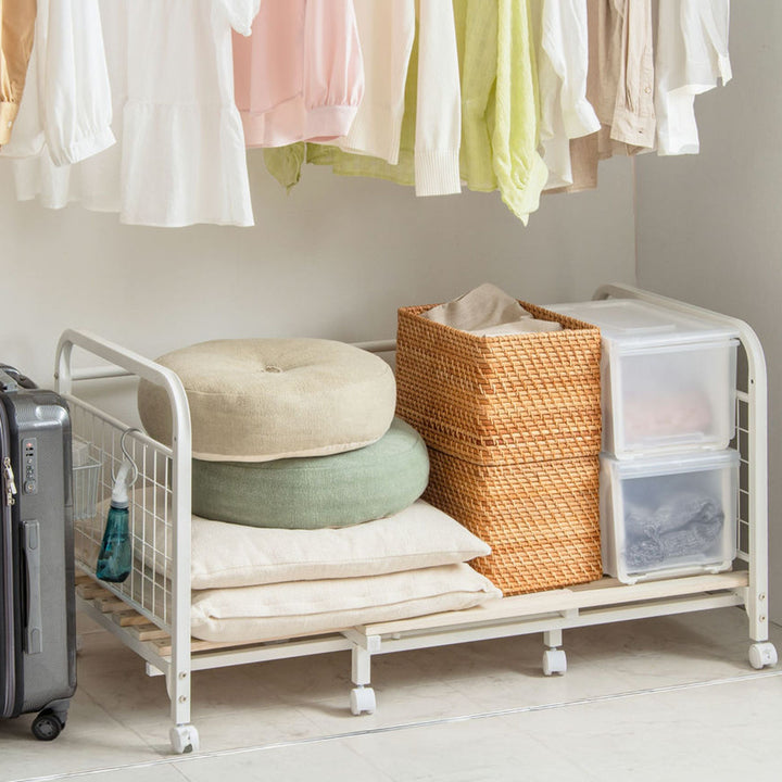 布団収納ラック伸縮式1段奥行深型幅82-147cm奥行68cm床板すのこキャスター付き