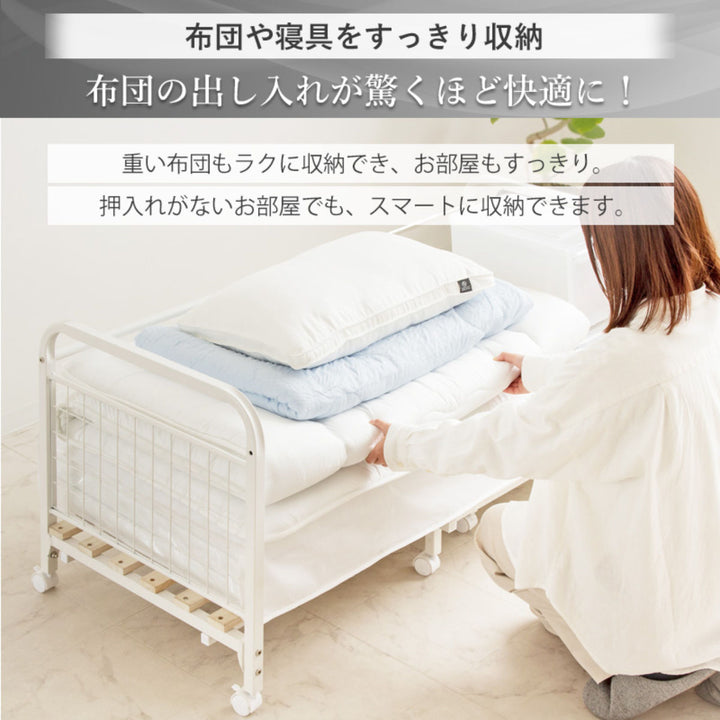 布団収納ラック伸縮式1段奥行深型幅82-147cm奥行68cm床板すのこキャスター付き