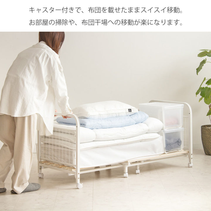 布団収納ラック伸縮式1段奥行深型幅82-147cm奥行68cm床板すのこキャスター付き