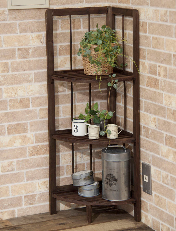 フォールディングシェルフ3段コーナータイプ折りたたみ天然木